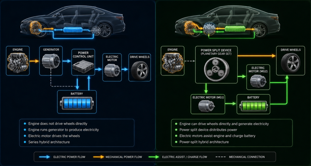 How is the Honda hybrid different from the Toyota Hybrid System? Side by side diagram showing series vs power split energy flow paths
