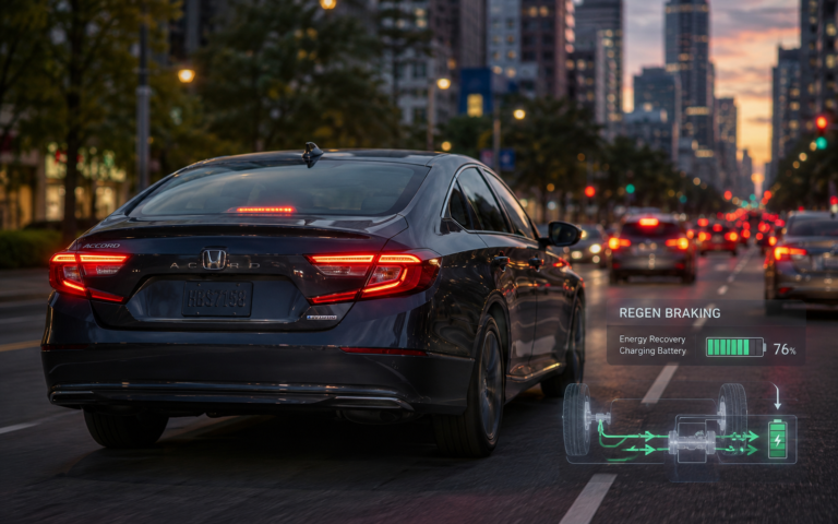 Honda Accord Hybrid regenerative braking system charging battery in city traffic with real-time energy recovery display