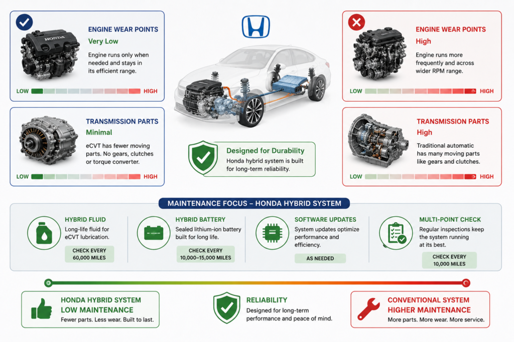 What is eCVT in the Honda Accord Hybrid? Reliability infographic showing low wear, fewer parts, and simple maintenance.
