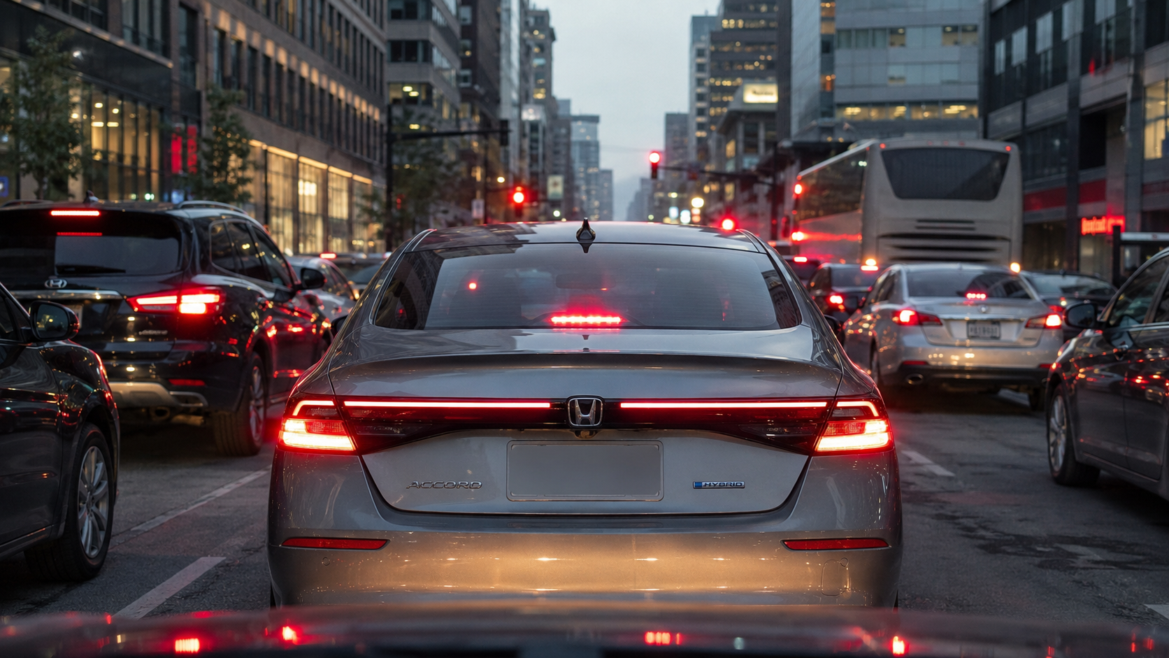 Honda Accord Hybrid in city traffic showing real-world hybrid commuting and low-speed EV driving efficiency