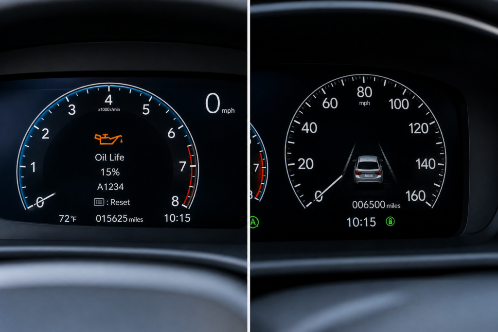Split dashboard showing oil life percentage and odometer mileage, helping decide should you follow oil life percentage or mileage for service timing
