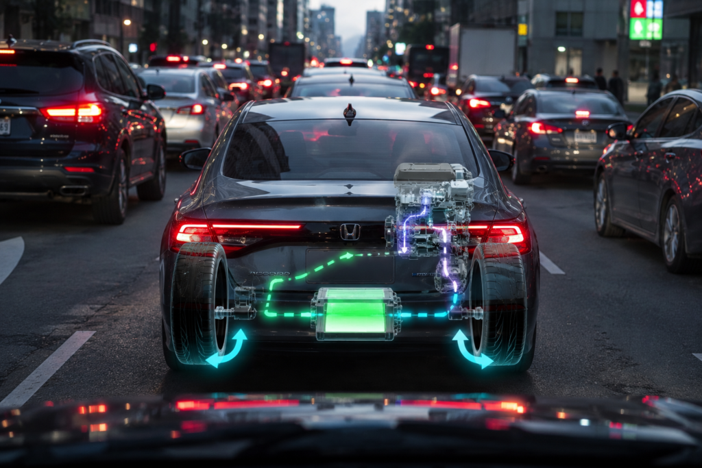 Honda Accord Hybrid regenerative braking system operating in stop-and-go traffic with EV power assistance