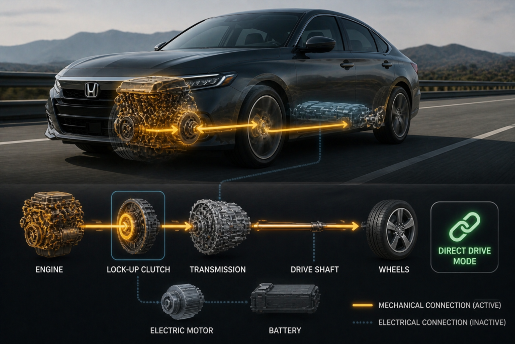 What happens at highway speeds? Diagram showing engine direct drive to wheels with lock-up clutch and motor idle in background
