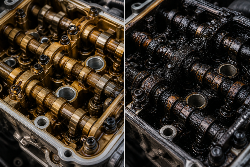 Engine oil change delay comparison showing clean engine parts vs sludge buildup, explaining what happens if you delay an oil change