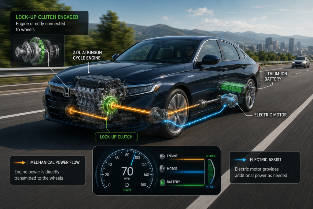 Honda Accord Hybrid highway power flow showing engine, electric motor, lithium-ion battery, and lock-up clutch system.