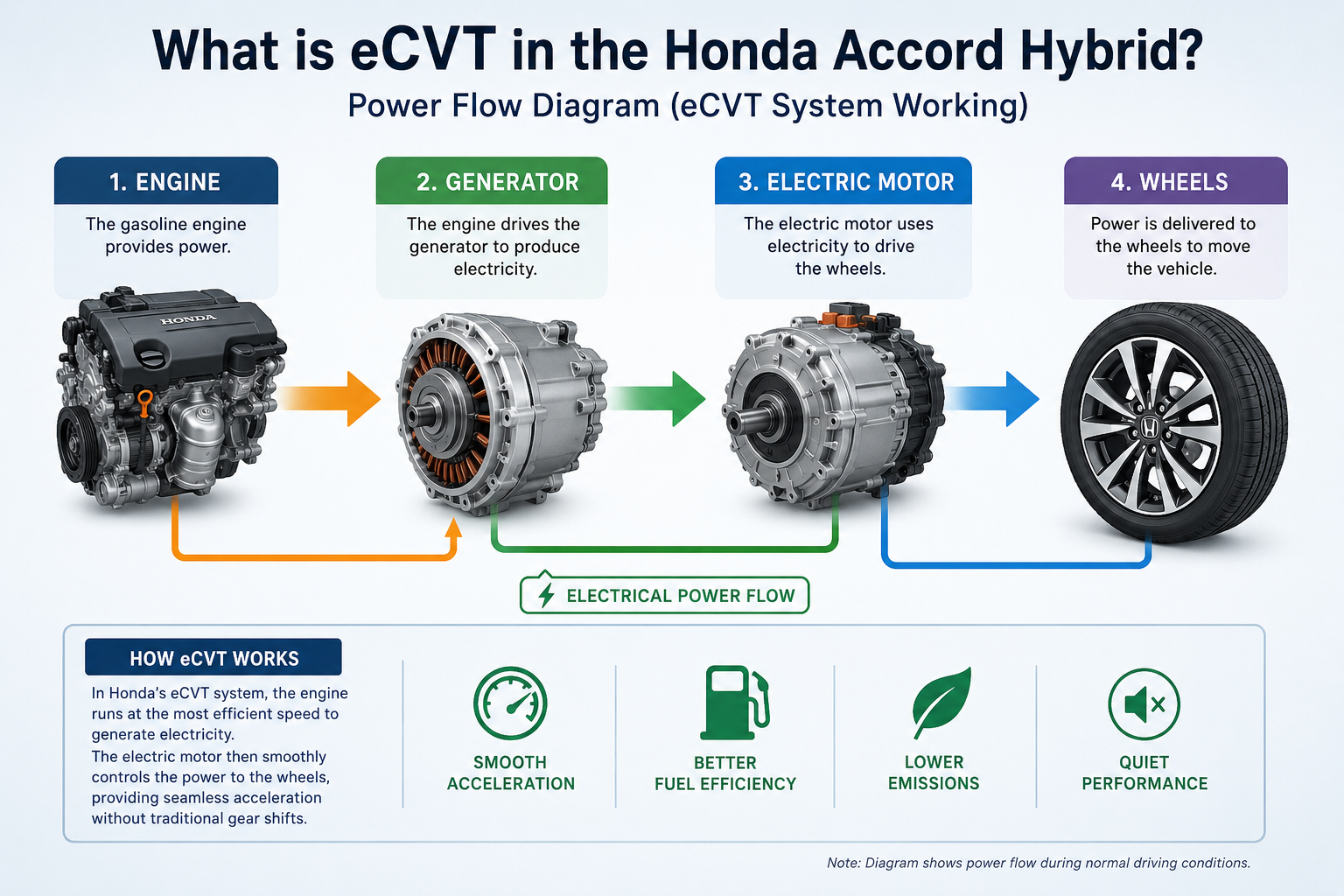 What is eCVT in the Honda Accord Hybrid? Simple hybrid power flow diagram showing engine, generator, motor, and wheels.