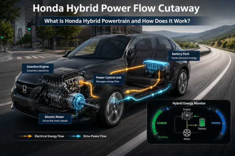 What Is Honda Hybrid Powertrain and How Does It Work? infographic showing Honda hybrid system cutaway with electric motor, engine, battery, and energy flow.