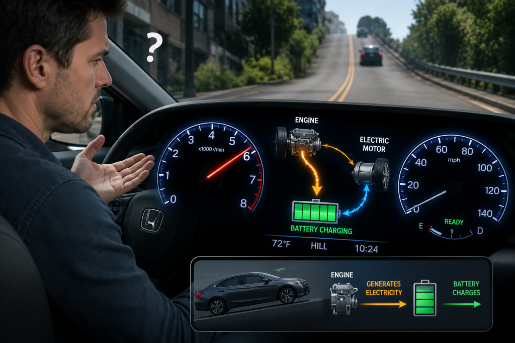 Honda hybrid RPM rising while charging battery uphill, showing engine power flow and hybrid energy system behavior.