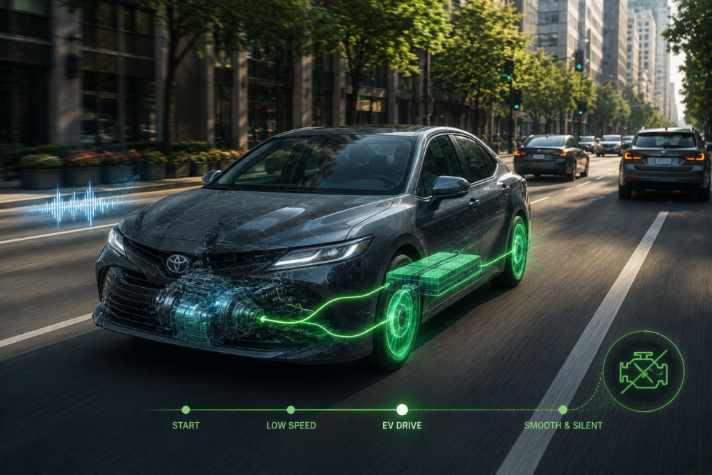 Hybrid car using electric motor in slow city traffic with battery power flowing quietly to the wheels smoothly!
