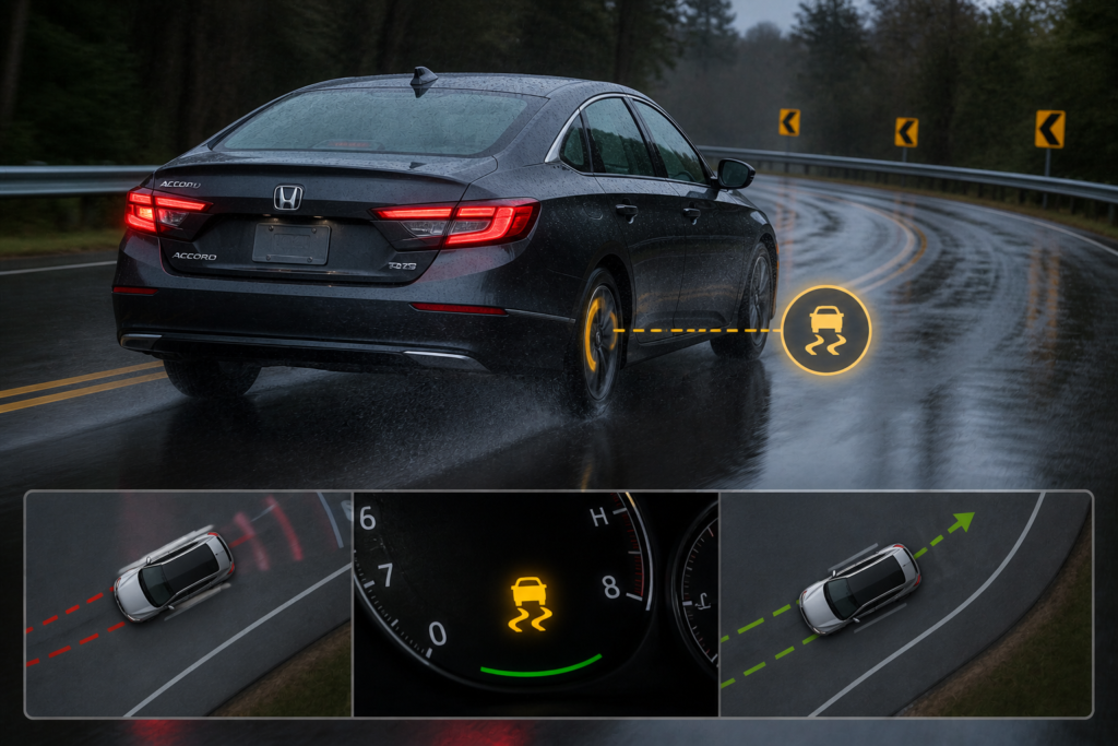 Honda Accord on wet road with traction control active, showing slight skid correction and stability control in rainy turn.
