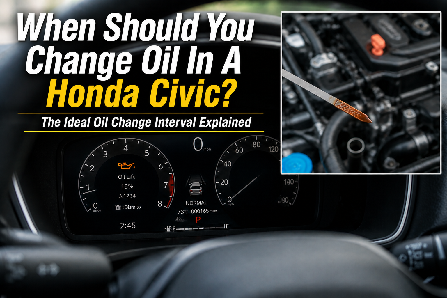 Honda Civic dashboard showing 15% oil life warning with engine dipstick close up, explaining when should you change oil in a Honda Civic