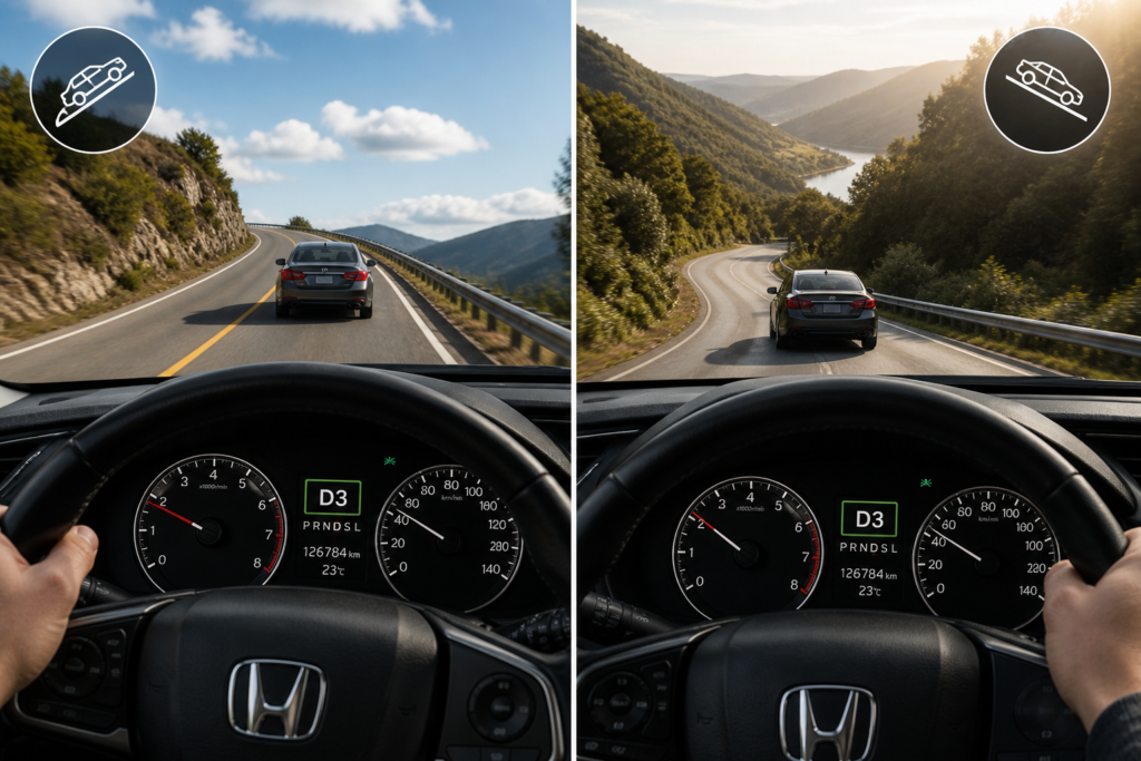 When should you use D3 while driving? Split road view shows D3 for uphill climbing and downhill engine braking in a Honda Civic.
