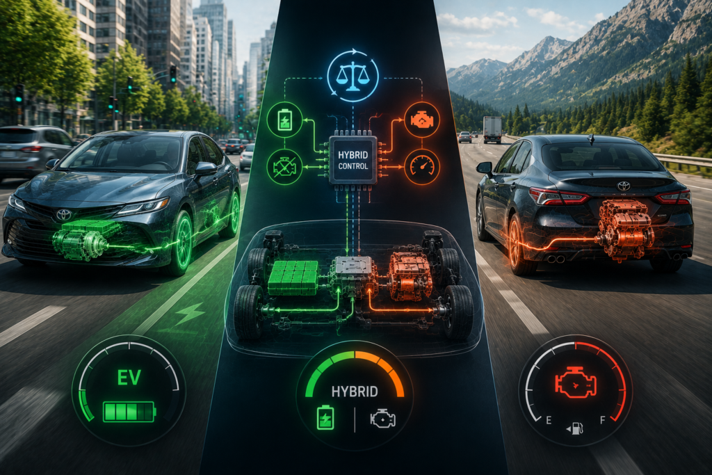 Hybrid car switching between electric city driving and highway engine power with balanced energy flow system