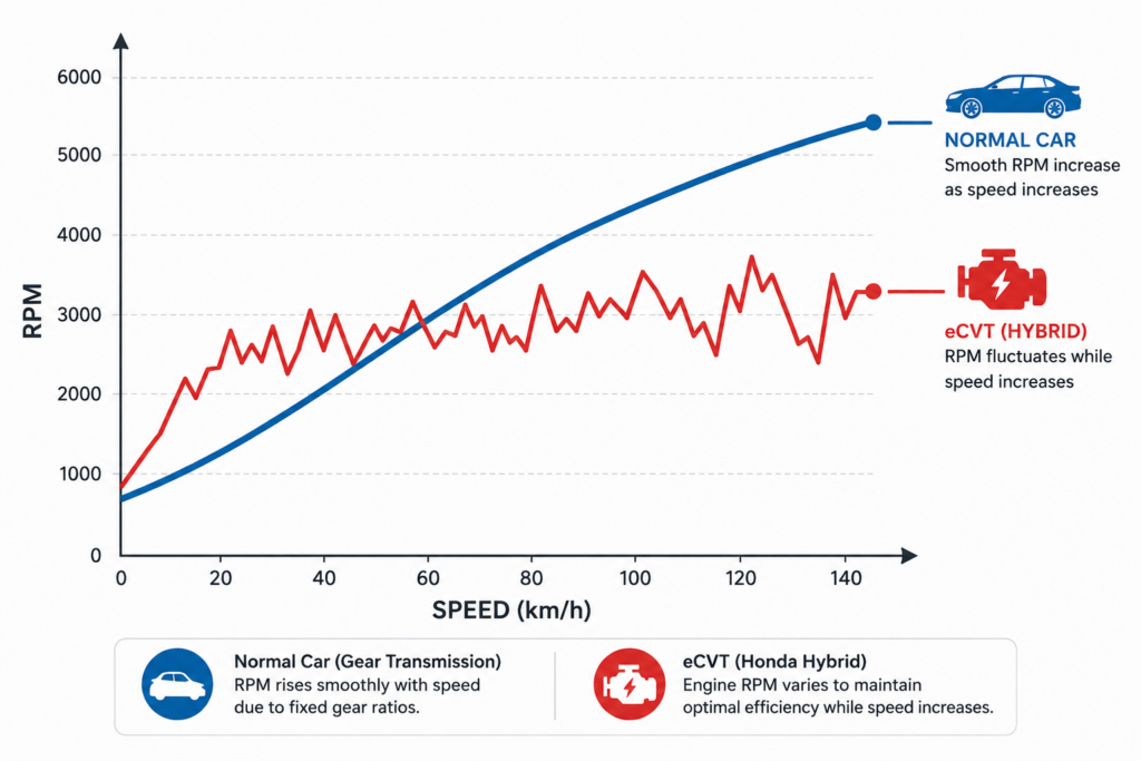 What is eCVT in the Honda Accord Hybrid? RPM vs speed graph comparing smooth normal car curve and eCVT behavior.
