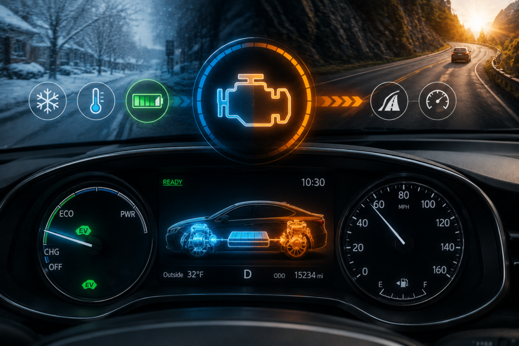 Hybrid dashboard showing gas engine turning on automatically during cold weather, acceleration, and low battery!
