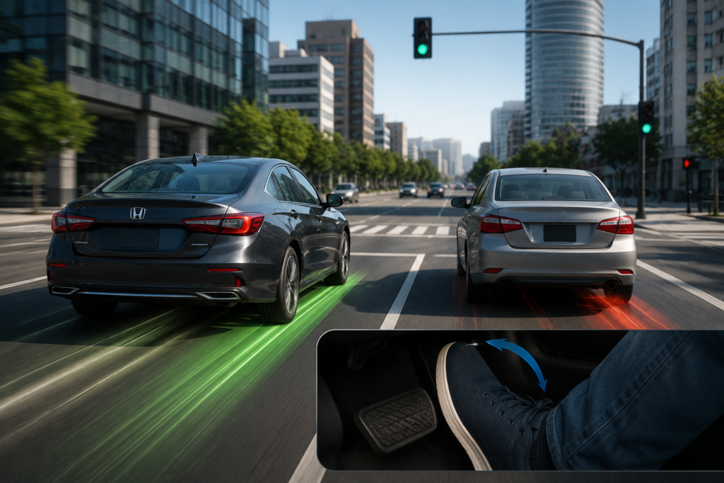 Honda hybrid instant torque comparison at traffic light showing faster acceleration and smoother response than gasoline sedan.