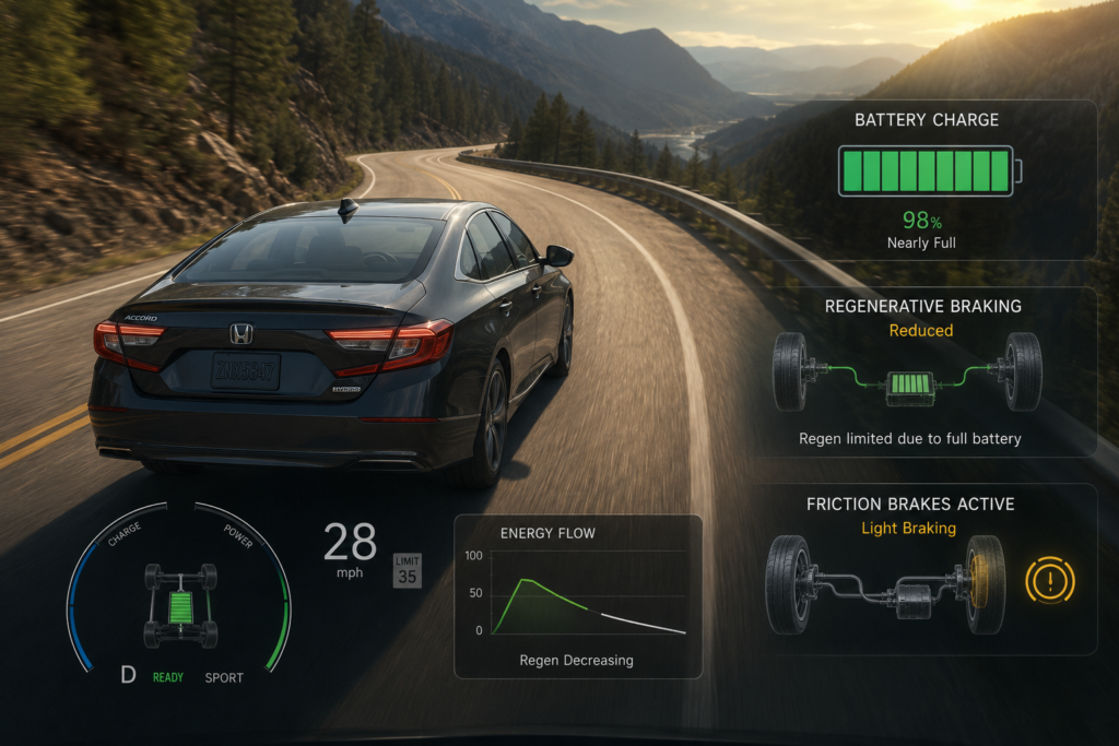 How Regenerative Braking Works in the Accord Hybrid when battery is nearly full on a downhill mountain drive
