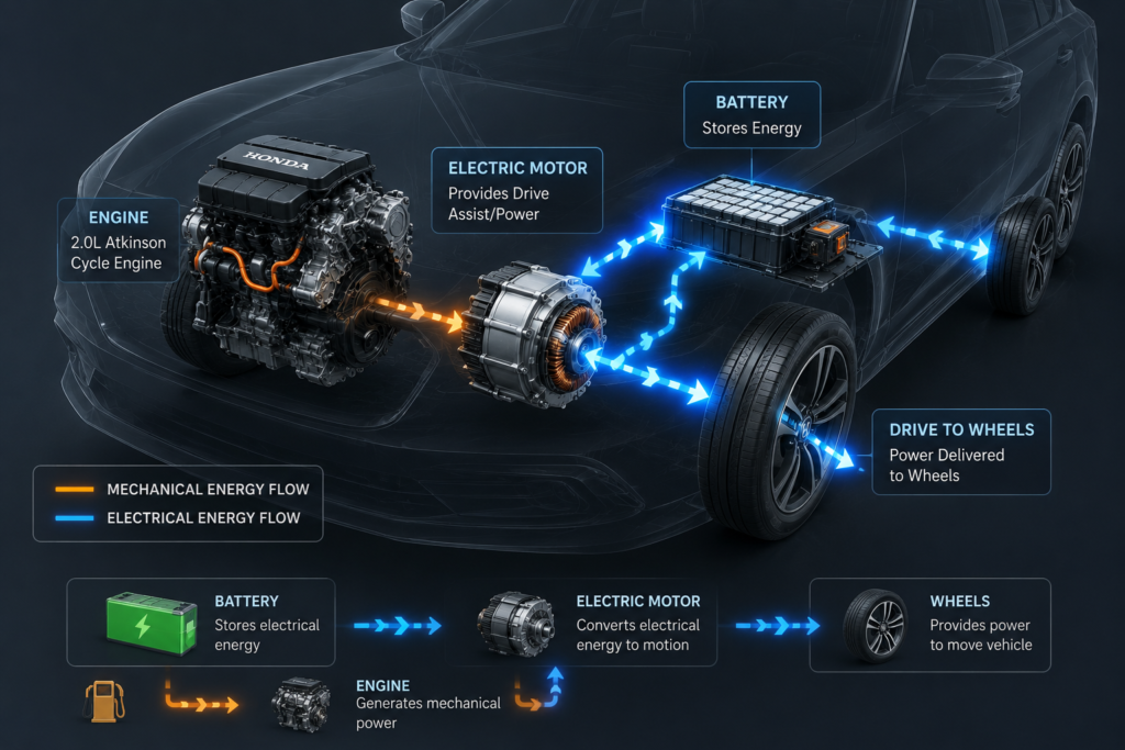Honda hybrid system diagram showing engine, battery, electric motor, and wheel power flow in a modern hybrid sedan.
