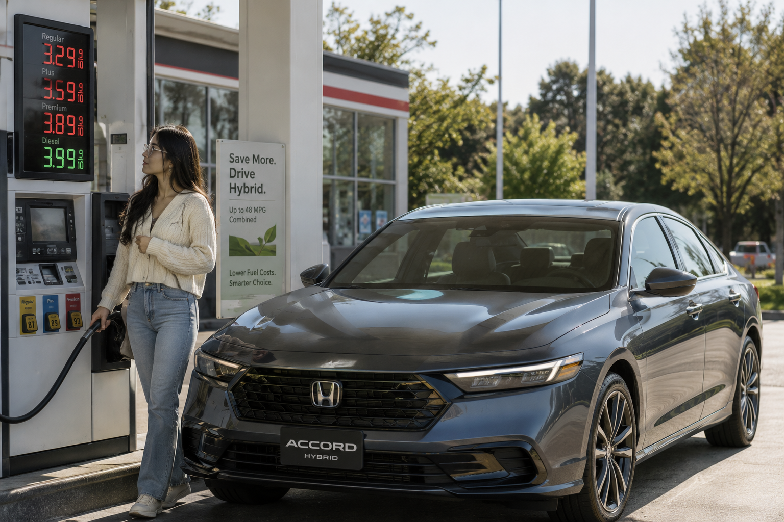 Honda Accord Hybrid at a gas station showing how the Accord Hybrid can save money through lower fuel costs over time