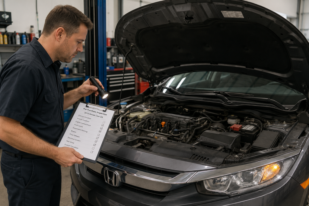 Mechanic inspecting a used Honda Civic before purchase to identify common problems and avoid expensive repairs