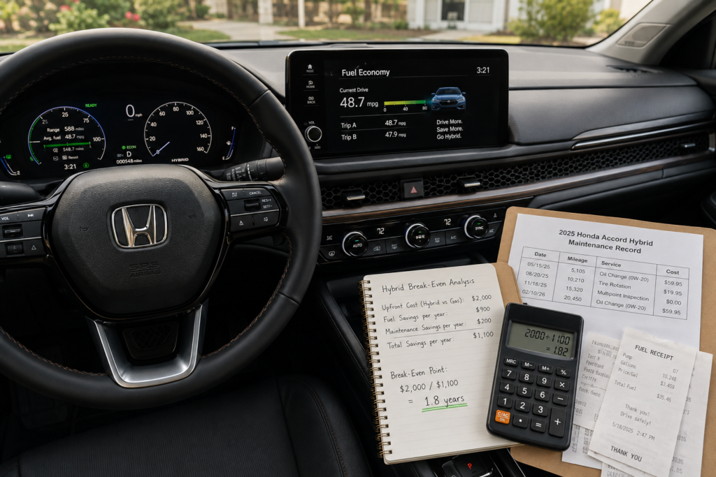 Honda Accord Hybrid fuel economy display illustrating when the hybrid pays for itself through fuel savings