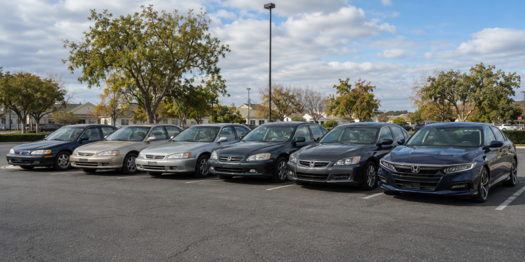 Several Honda Accord generations parked together, comparing older and newer model years to highlight design evolution.